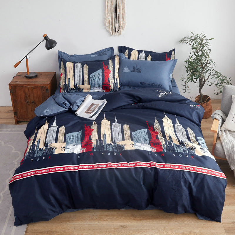 Bed sheet bedding pillow case comforter bedroom blue navy city red white cream offwhite set